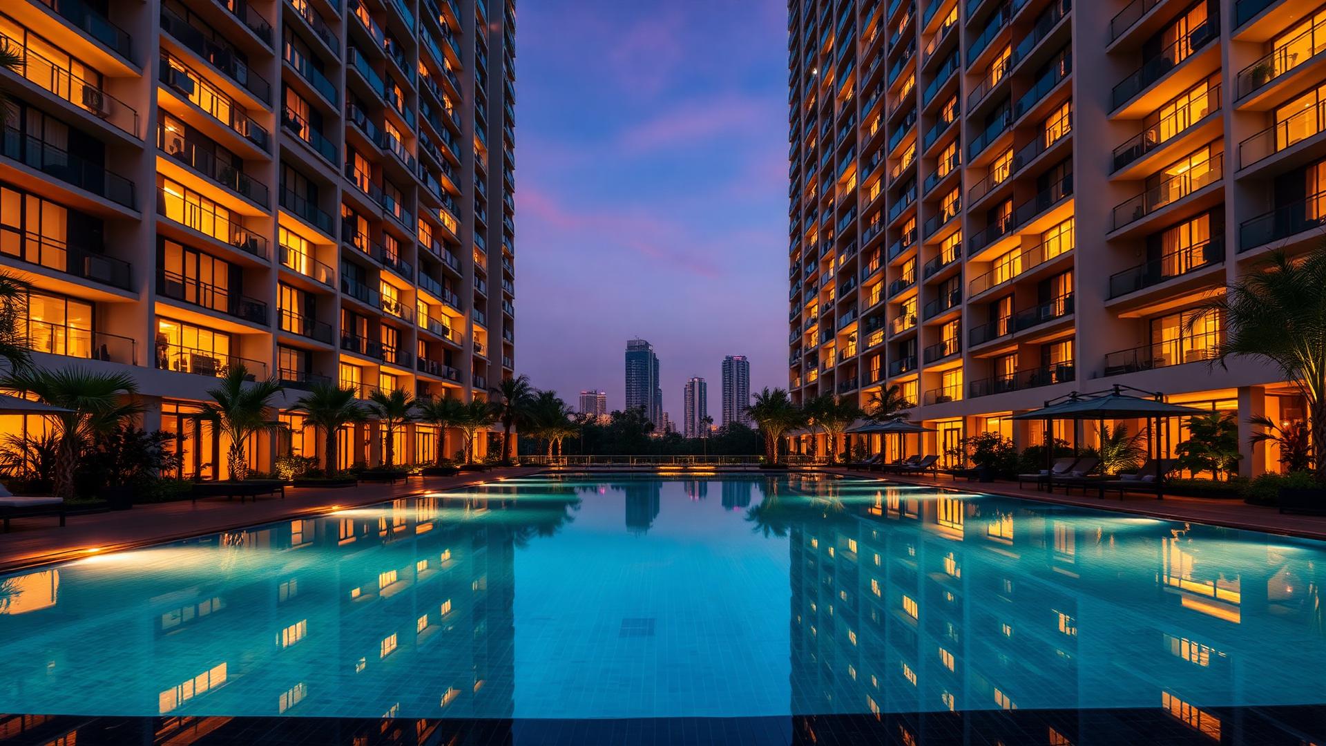 Modern luxury residences with infinity pool at twilight
