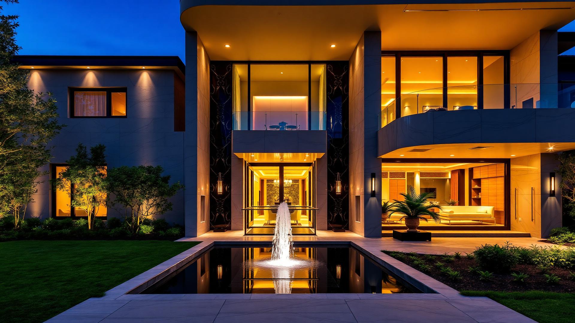 Concierge luxury villa with warm interior lighting at dusk